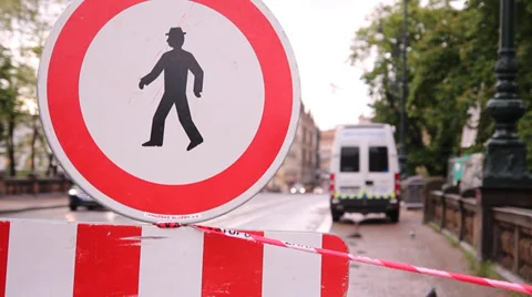 Prague Floods 2013 Sidewalk closed sign on the bridge Stock Footage 30292768