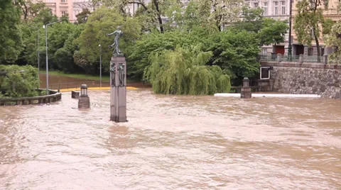 Prague Floods 2013 Statue Under Water Stock Footage 30292552