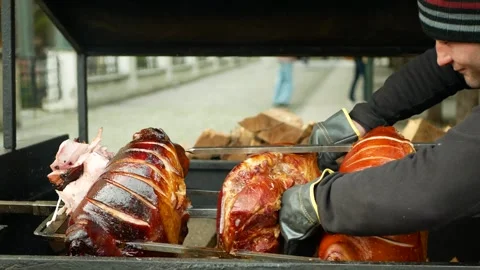 Prague ham leg pork close-up meat food smoked boneless stall street market 스톡 동영상 330717177