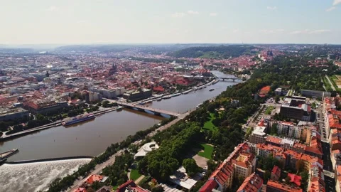 Prague Hyperlapse Orbit Central Area Church Ministery Clock Tower River Bridges 스톡 동영상 235601231