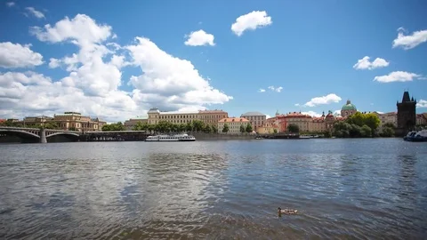 PRAGUE - JUNE 6: Central Prague, boats on the Vltava river, time lapse on June 6 Stock Footage 76847645