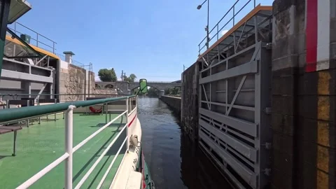 Prague Lock Chamber Water Level Adjustment Boat Sailing Vltava River POV2 動画素材 341426261