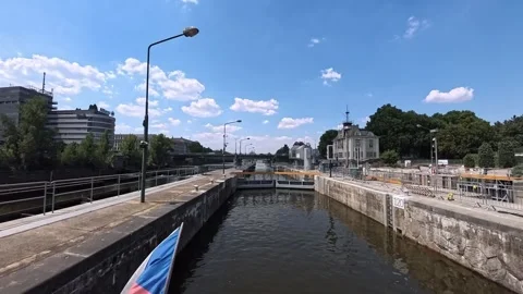 Prague Lock Chamber Water Level Adjustment Boat Sailing Vltava River 26.06.2026 Stock Footage 341426316