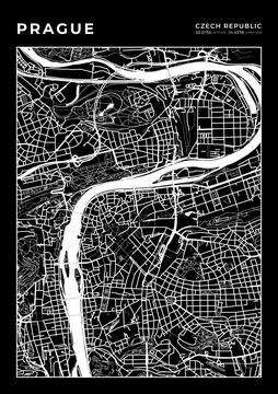 Prague Map Wall Art Frame, Cartography Map Print, City Layout Map Stock Illustration