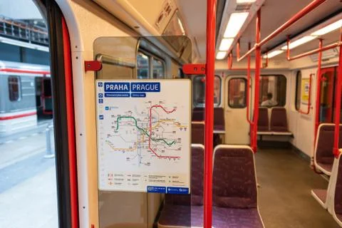 Prague metro map seen from inside the subway wagon. Stock Photos