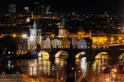 Prague at night, Charles bridge, reflection of lights in the Vltava river, .. Stock Photos