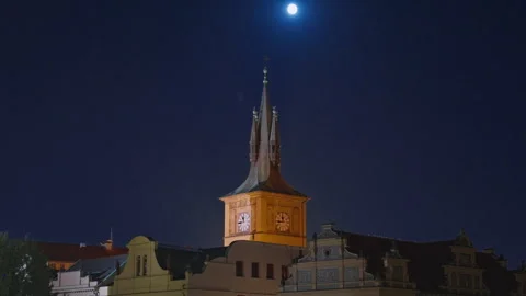 Prague at night, clock tower. Bohemia, Czech Republic Stock Footage 318007302