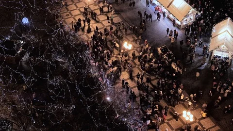 Prague- Night elevated view of Old Town Square with people during Christmas Stock Footage 100319455