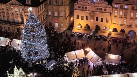 Prague- Night elevated view of Old Town Square with glowing Christmas tree. 4K Stock Footage 100319700