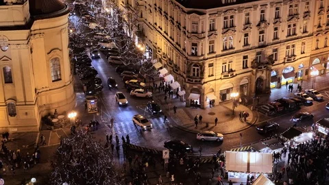 Prague- Night elevated view of Old Town Square with people during Christmas Stock Footage 100319785