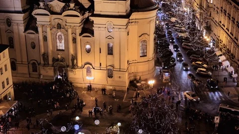 Prague- Night elevated view of Old Town Square with people during Christmas Stock Footage 100319904