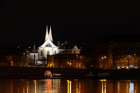 Prague at night, Emmaus monastery, reflection of lights in the river Stock Photos