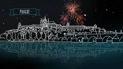 Prague by Night Panorama with Firework Intro Animation Stock Footage 68560847