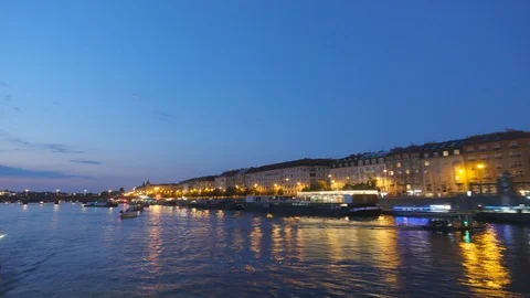 Prague by night Time-lapse - view from the river Stock Footage 96108875