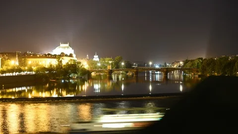 Prague at night, timelapse over the river Vltava Stock Footage 101059232