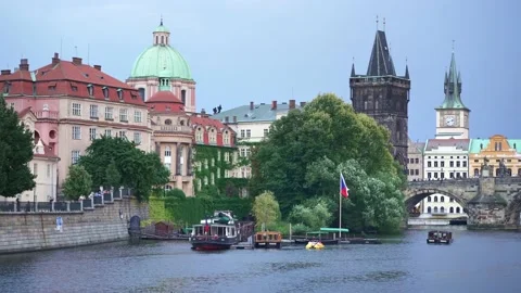 Prague, Old Town Bridge Tower and Charles bridge over Vltava river. Czech Stock Footage 221955579