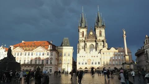 Prague. The Old Town. The main square. View at sunset after rain Stock Footage 230012962