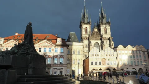 Prague. The Old Town. The main square. View at sunset after rain Stock Footage 230012967