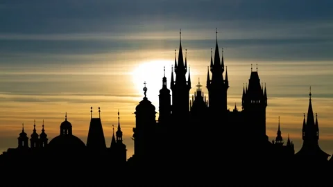 Prague Old Town Skyline at Sunset: Time Lapse with Colorful Clouds Stock Footage 151339100