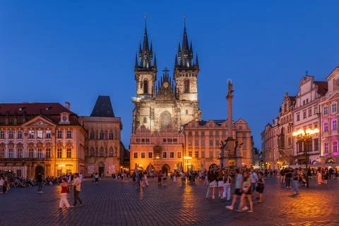 Prague Old Town Square At Night In Czechia Stock Photos