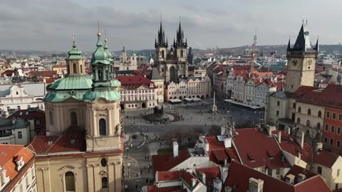 Prague Old Town Square St Nicholas Tyn Church Astronomical Clock Drone 스톡 동영상 318983111