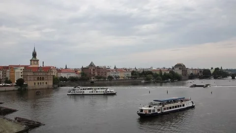 Prague old town view on Vltava river Stock Footage