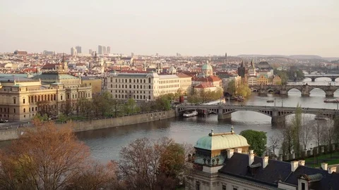 Prague Panoramic view with the river Vltava (Moldau) and Charles Bridge Stock Footage 80530996