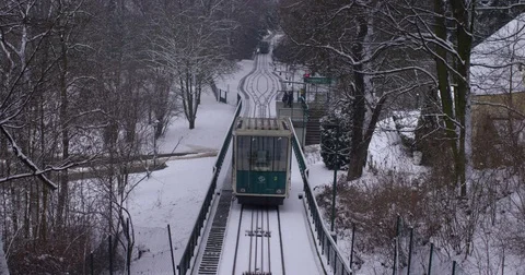 Prague Petrin funicular railway going down from Petrin hill station, Czech Stock Footage 71609105