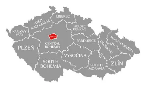 Prague red highlighted in map of Czech Republic Stock Illustration