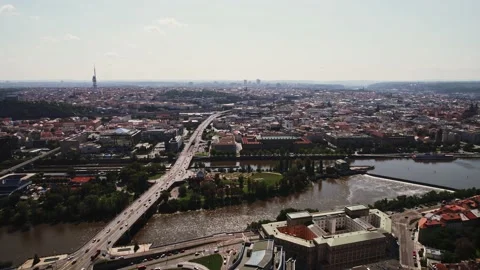 Prague River Bridge Move Forward with Traffic Centrum View Aerieal Drone Stock Footage 235602292