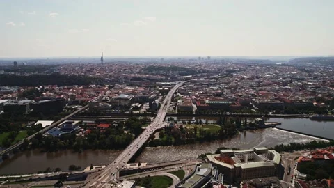 Prague River Bridge Traffic Stadium Communications Tower Centrum Lower Aerieal Stock-Footage 235602329