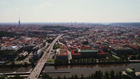 Prague River Bridge Traffic Steady City Centre View Aerieal Drone Video stock 235602239
