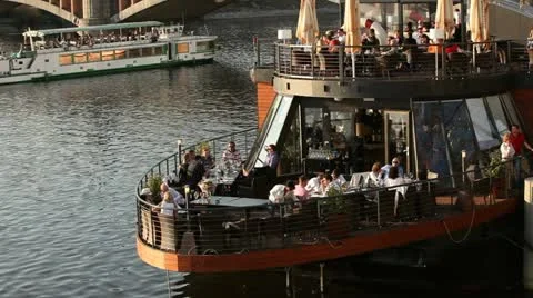 Prague river restaurant Stock Footage 12372665