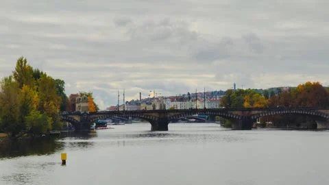 Prague River View in 4K Slow Motion Video – Historic Bridge Stock Footage 319035370