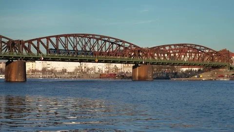 Prague - River view with train on railway bridge. 4K resolution Stock Footage 105831991