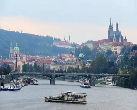 Prague riverside bridges view, timelapse Castle Petrin mountain, click for HD Stock Footage 43901193