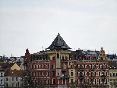 Prague Rooftop And Ornate Structures. Atmospheric View Of Prague With Decor.. Stock Photos