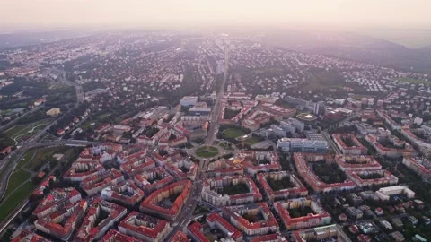 Prague Roundabout Sunset Slow Orbit Residential Area Mist Historical City Stock Footage 235602860