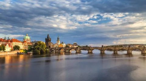 Prague Scenic spring sunset aerial view of the Old Town pier architecture and Stock Photos