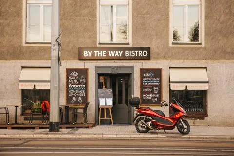Prague, September 18, 2017: Authentic bistro on the city street next to the road 스톡 사진
