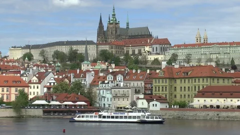 Prague. Ship on the background of Prague Castle. Stock Footage 101449240