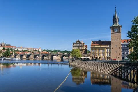 Prague Skyline River View With Charles Bridge Stock Photos