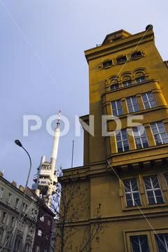 Prague skyline with Zizkov television tower transmitter Stock Photos