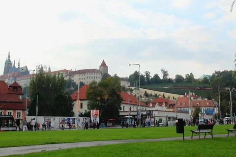 Prague square King's Castle outlook, trams stop, mountain Petrin, click for HD Stock Footage 43913402