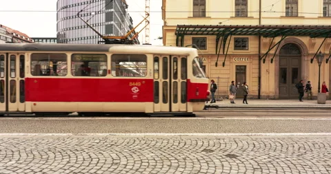 Prague street car tram public transportation on the streets of Old Town Czech Video stock 247481553