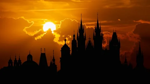 Prague at Sunset: Time Lapse with Red Sun and Fiery Sky, Czech Republic Stock Footage 150727562