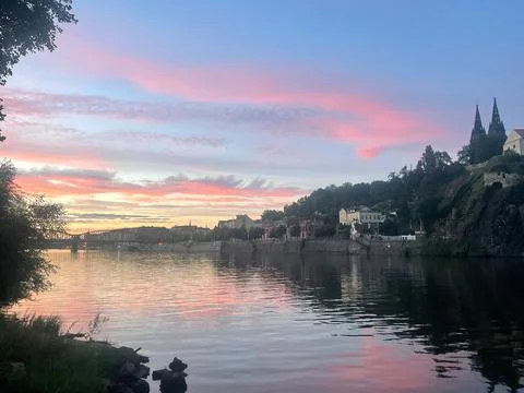 Prague Sunset Vltava River Stock Photos