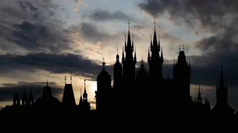 Prague: Time Lapse at Sunrise with Dark Skyline and Fast Clouds Stock Footage 151339437
