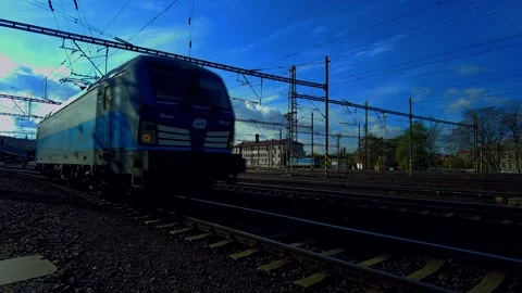 Prague Train Station, Train Engine leaving the Station, Close Up Stock Footage 256043055