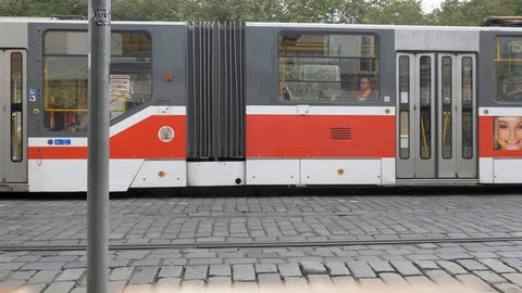 Prague tram departing the platform, side view Stock Footage 117179958